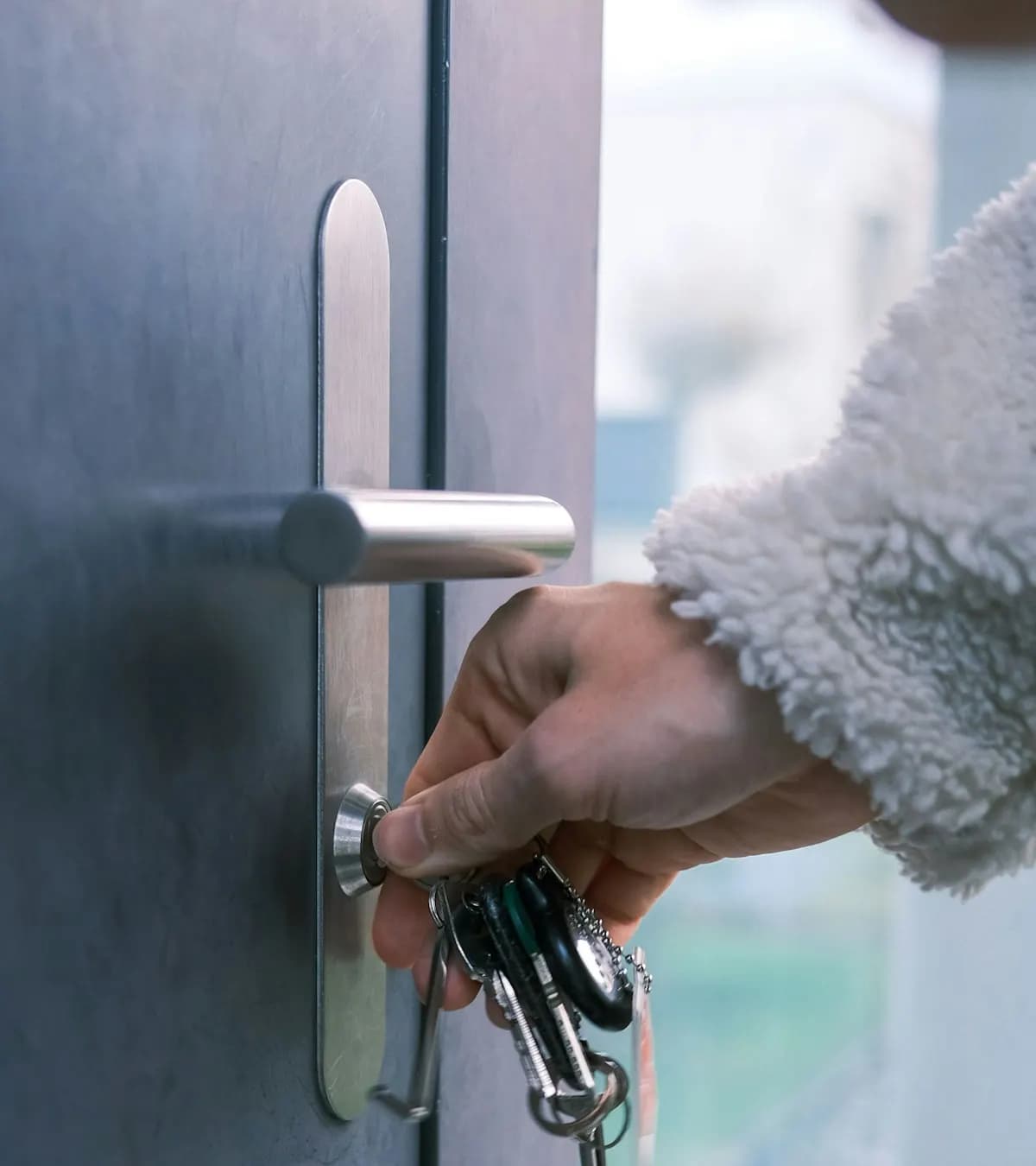 Main ouvrant une porte avec un trousseau de clés