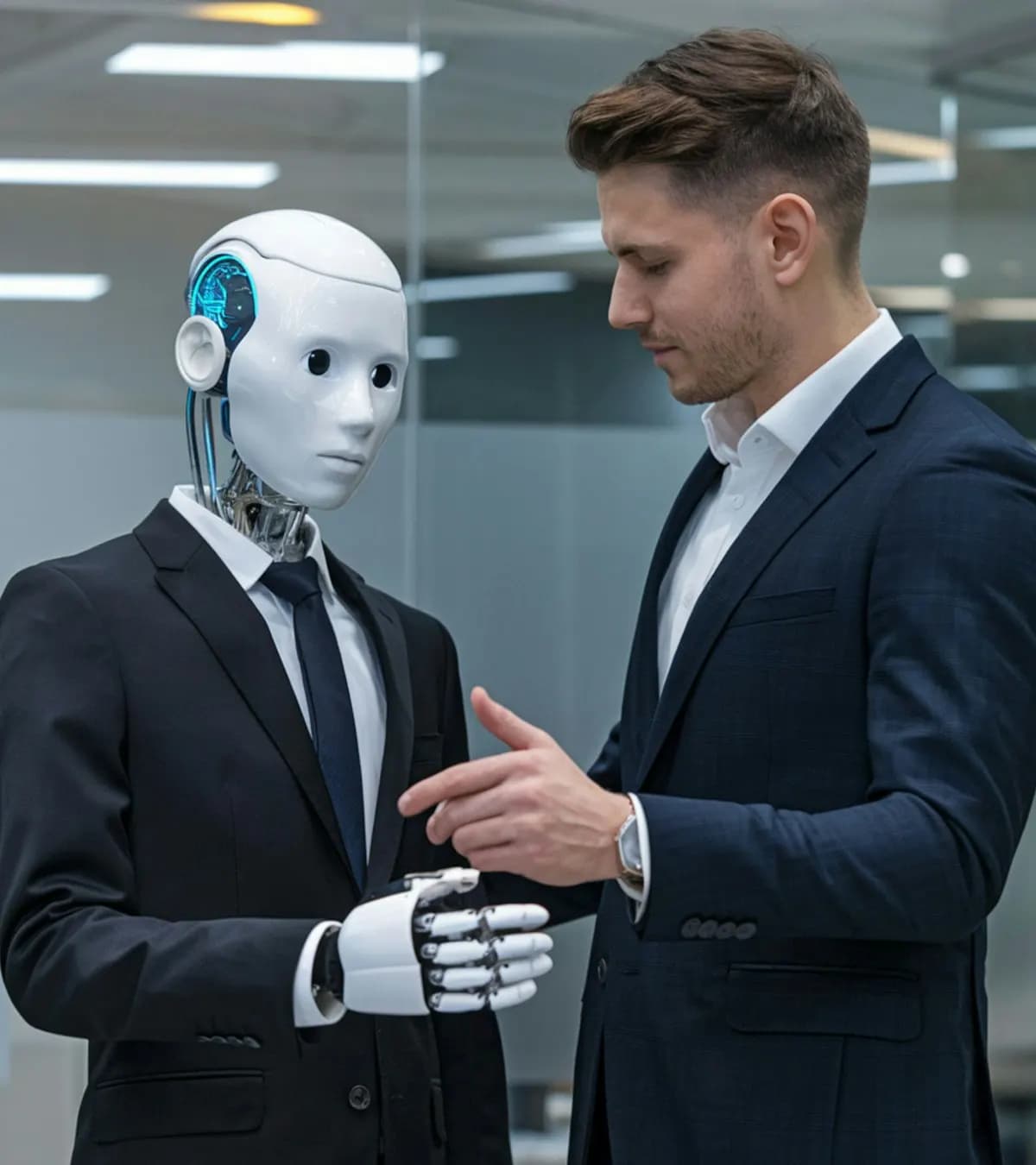 Un dirigeant échange face à face avec un robot humanoïde