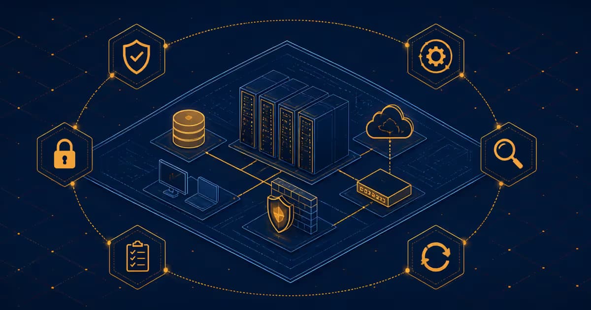 Illustration de l'audit d'infrastructure IT avec un plan et des icônes de sécurité.