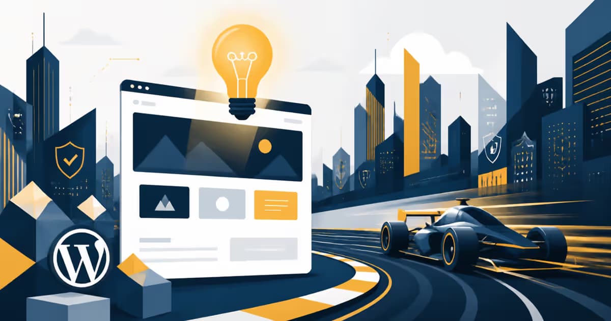 Ville numérique avec une ampoule éclairant un thème WordPress minimaliste, contre un fond de course automobile rapide.