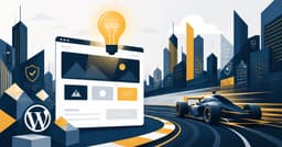 Ville numérique avec une ampoule éclairant un thème WordPress minimaliste, contre un fond de course automobile rapide.