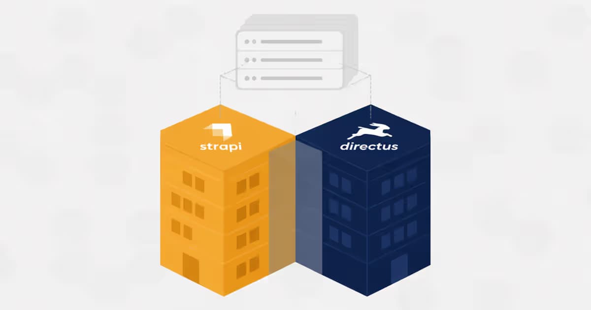 Comparaison Directus vs Strapi en CMS headless : silhouettes de bâtiments hexagonaux et base de données