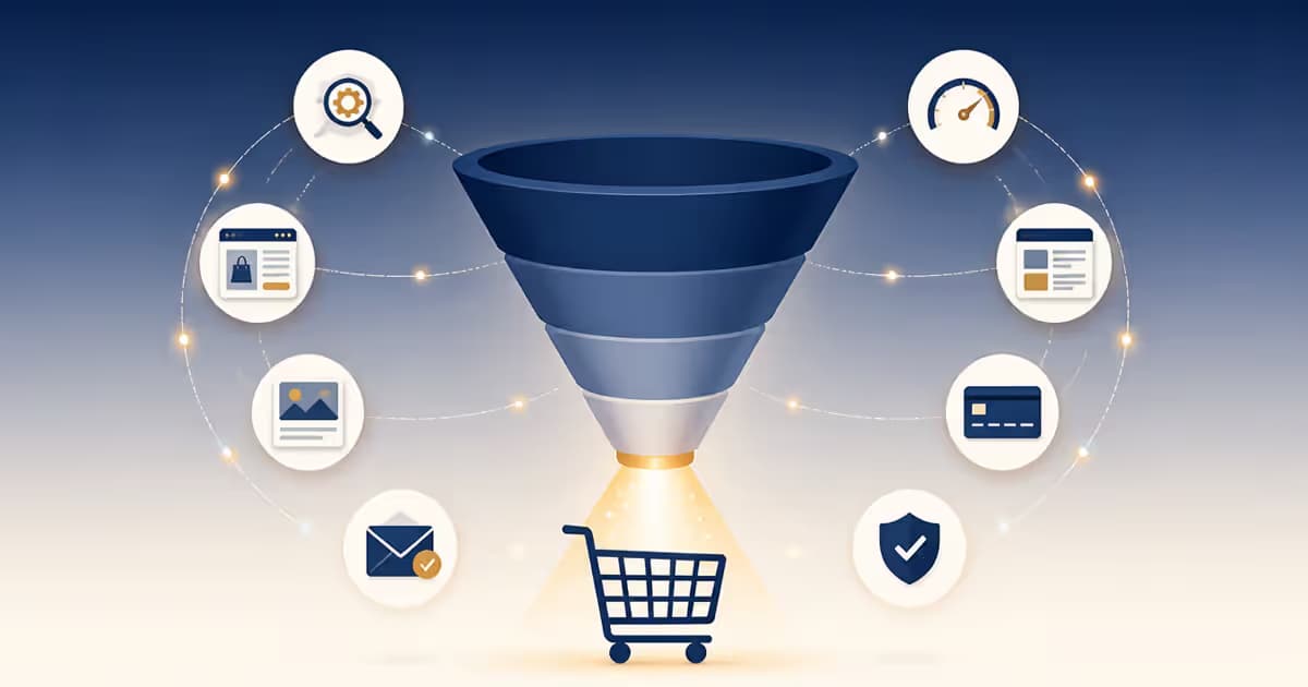 Illustration de funnels et de paniers d'achat en ligne pour améliorer la conversion des ventes