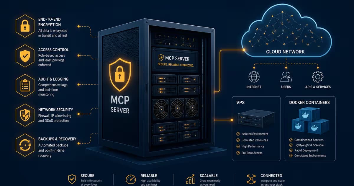 Serveur MCP sécurisé dans un rack avec des badges de sécurité et une connexion à la cloud