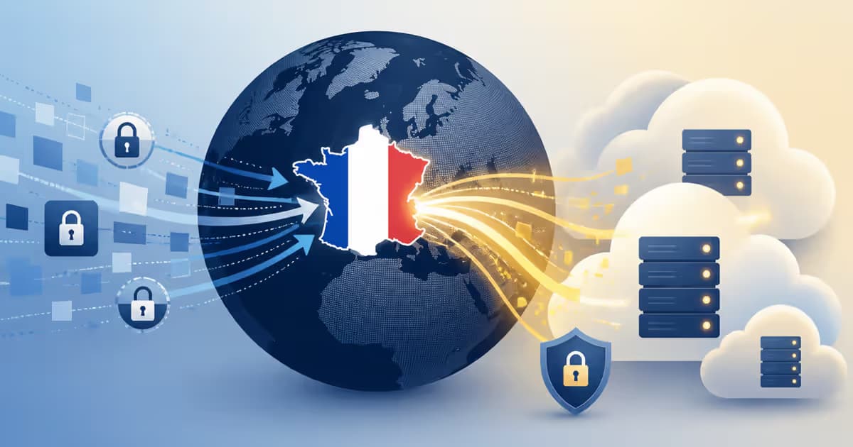 Globe avec drapeau français et données en transfert vers l'Europe