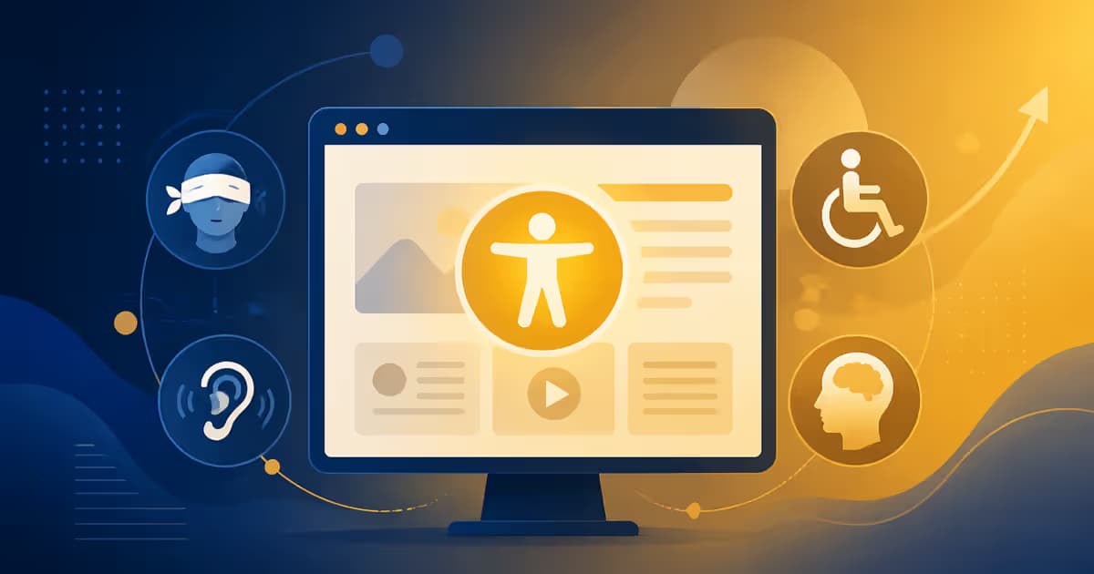 Icône d'écran accessible avec des formes abstraites représentant différentes incapacités autour d'une icône de site web en lumière amber sur un fond gradé de bleu nuit vers orange clair.