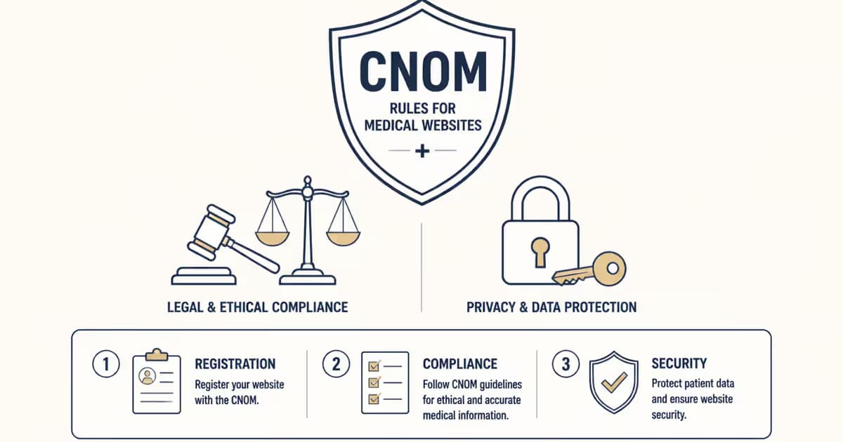 Infographie présentant les règles CNOM pour les sites médicaux : gavel, balance de justice, verrou sécurisé et checklist.