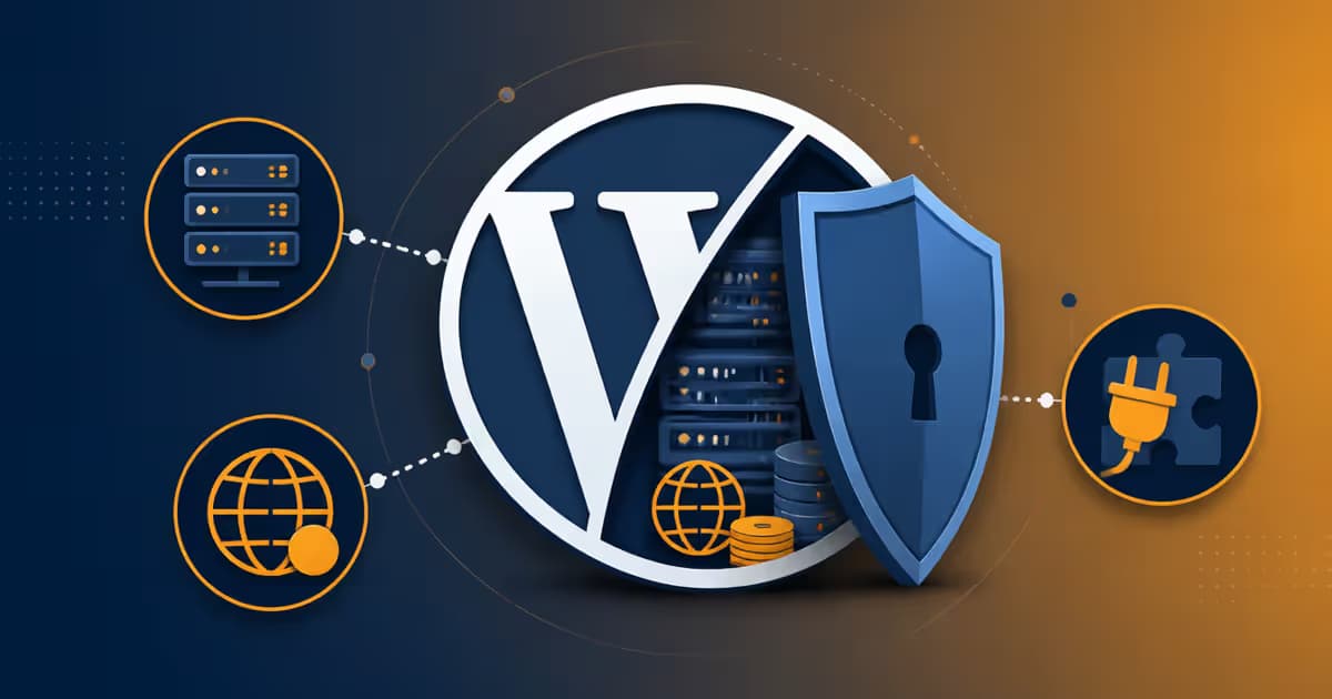 Illustration de l'aspect caché des coûts de WordPress avec un logo stylisé et des cercles interconnectés représentant les dépenses réelles.