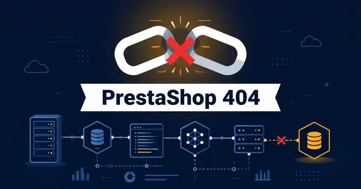 Illustration de PrestaShop avec une URL brisée et un lien vers des erreurs 404