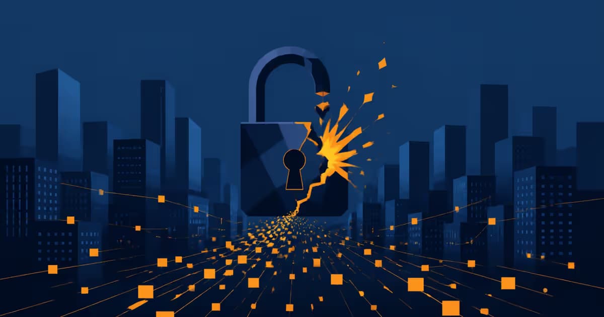 Illustration d'un cadenas cassé en bleu marine avec des étincelles jaunes se répandant sur un paysage urbain abstrait de bâtiments rectangulaires pour montrer une panne PrestaShop causée par un module défectueux.