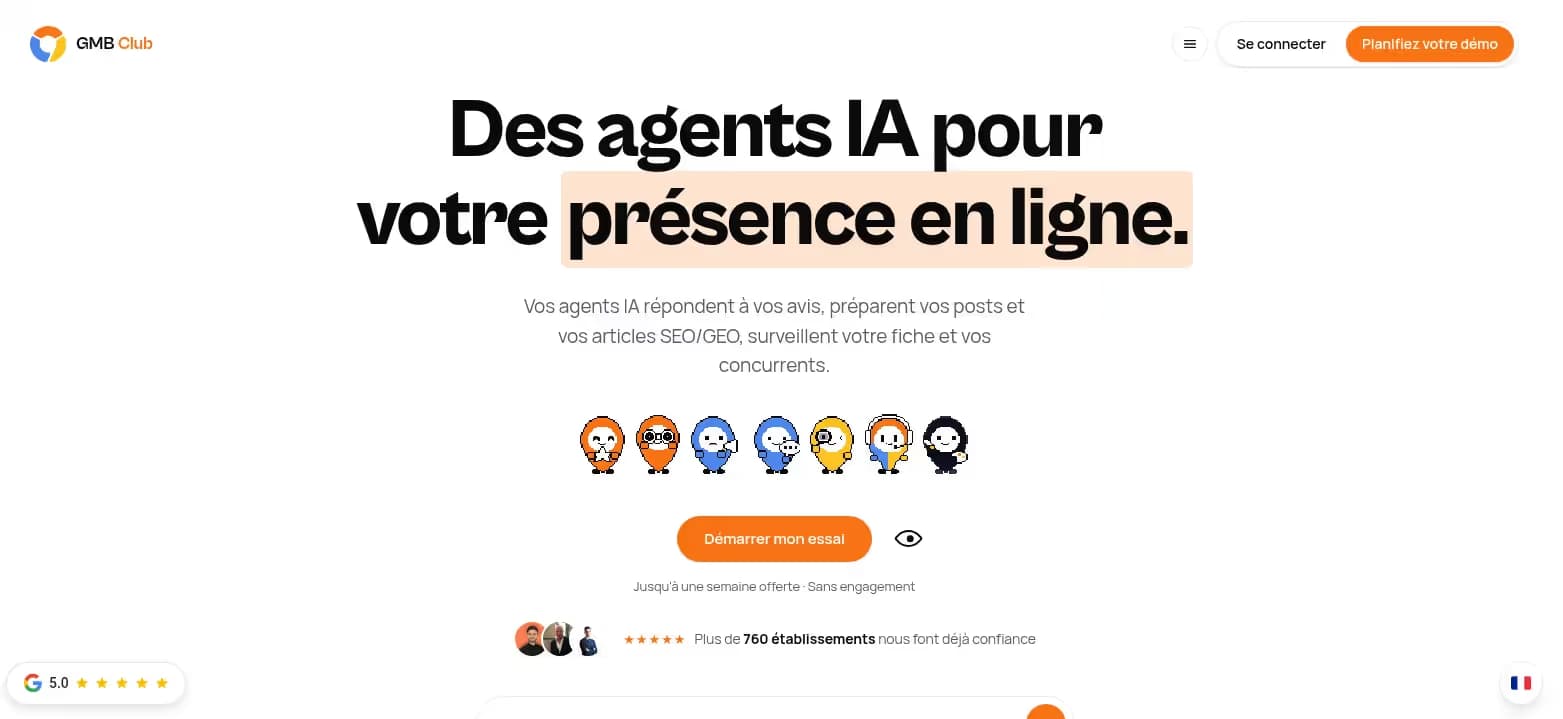 Page d'accueil de GMB Club : des agents IA pour la présence en ligne des commerces