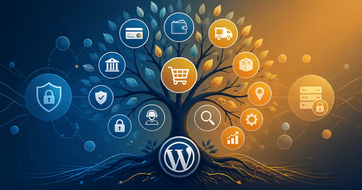 Illustration d'e-commerce avec un arbre stylisé de WooCommerce, data flow et sécurité en bleu et or.