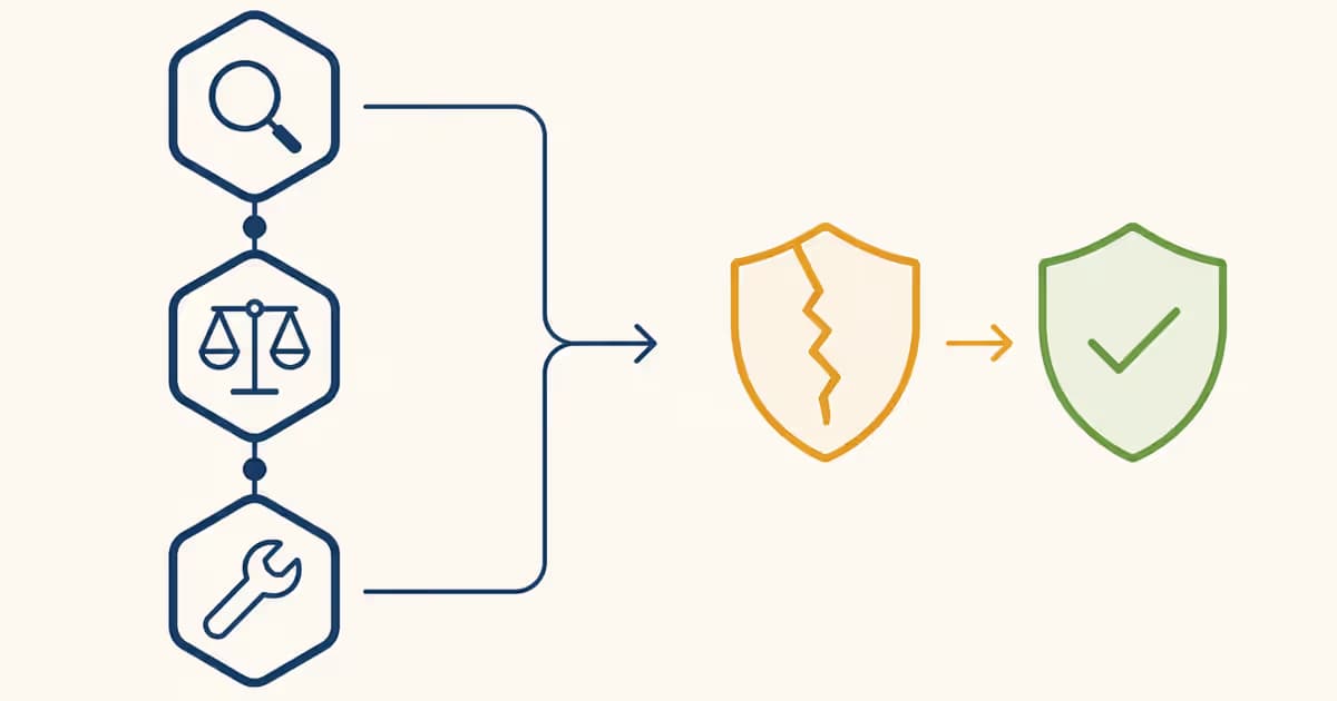Infographie simple indiquant trois étapes clés pour identifier et résoudre un problème de module dans PrestaShop, avec des symboles de bouclier en jaune d'or et vert pour illustrer les phases 'Check', 'Compare', 'Fix'.