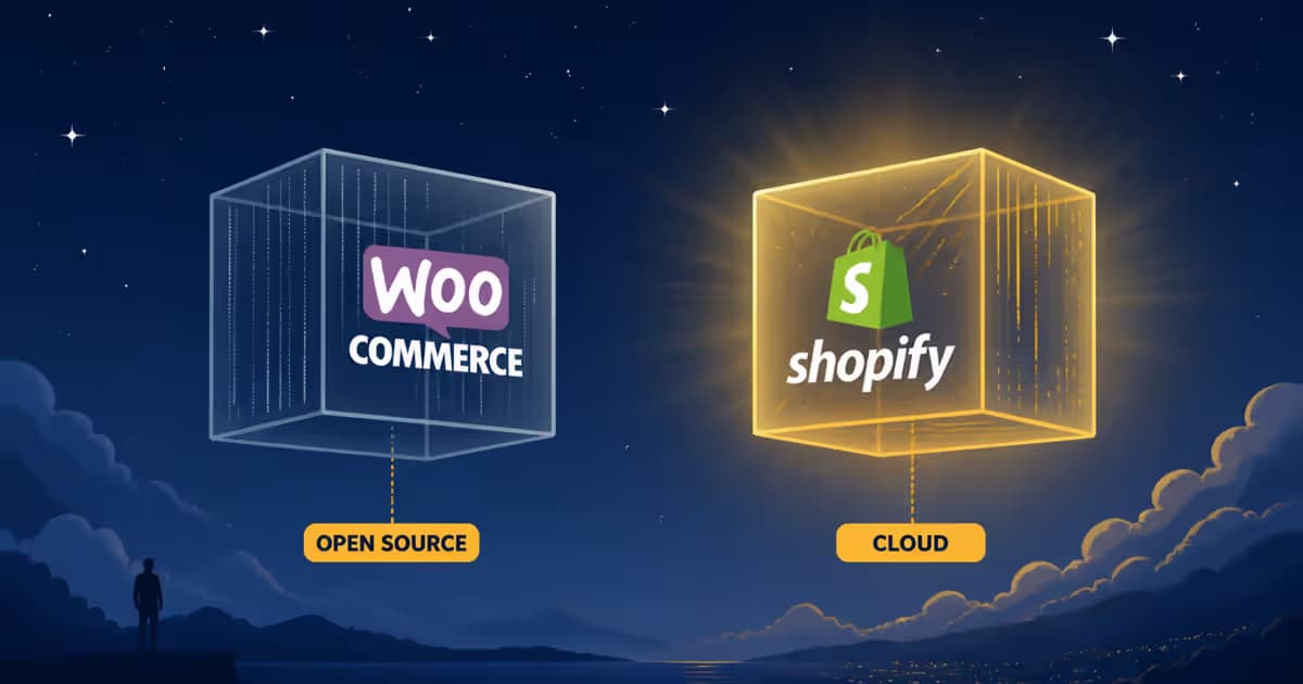 Illustration contrastant WooCommerce (cube ouvert) et Shopify (nuage fermé) dans un ciel nocturne bleu, soulignant l'autonomie vs dépendance.