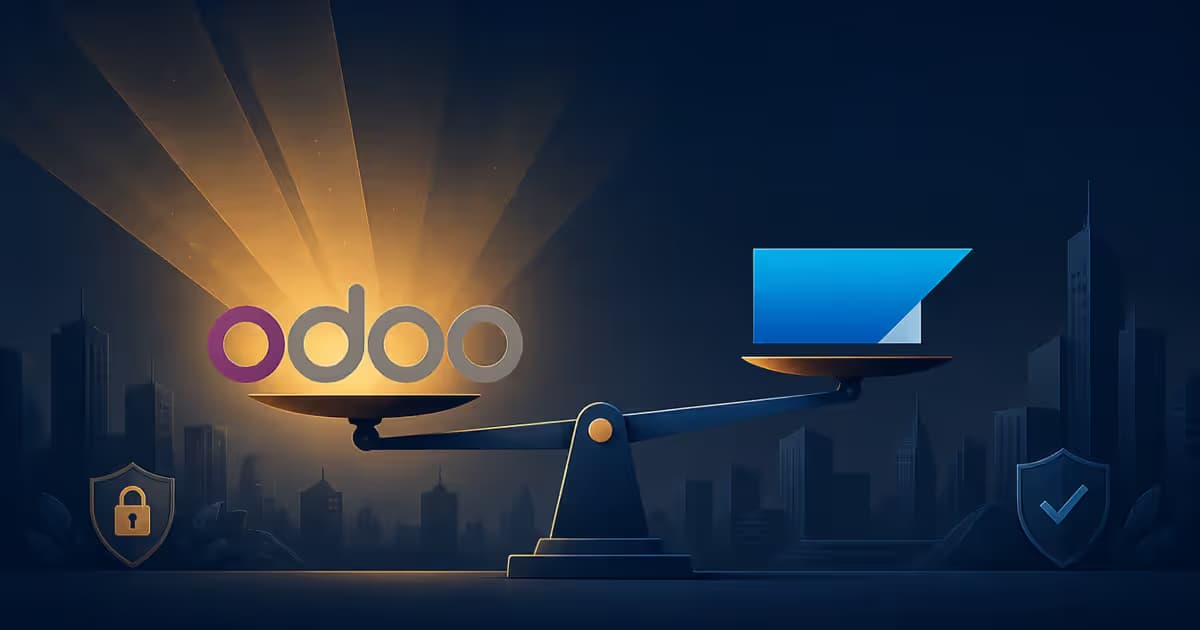 Illustration comparant Odoo et SAP pour les PME avec une balance penchée vers Odoo.