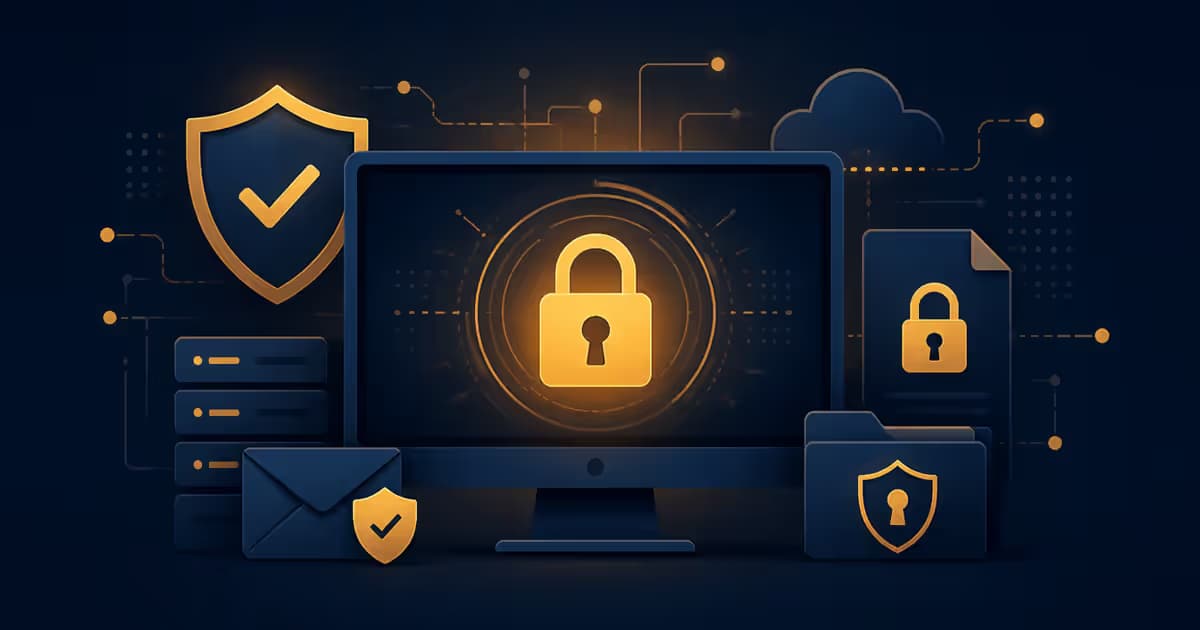 Illustration de contrat de maintenance de site web avec un écran sécurisé et des symboles de protection