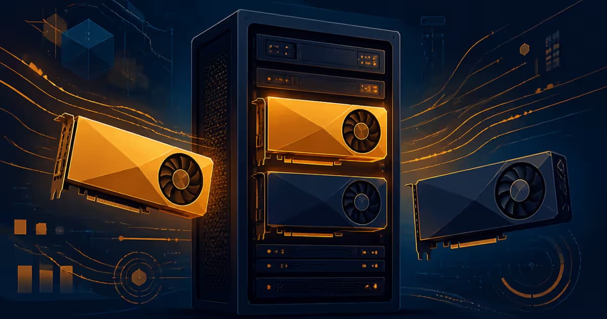 Rack de serveurs avec cartes graphiques RTX 4090 et A6000 dans un background technologique.