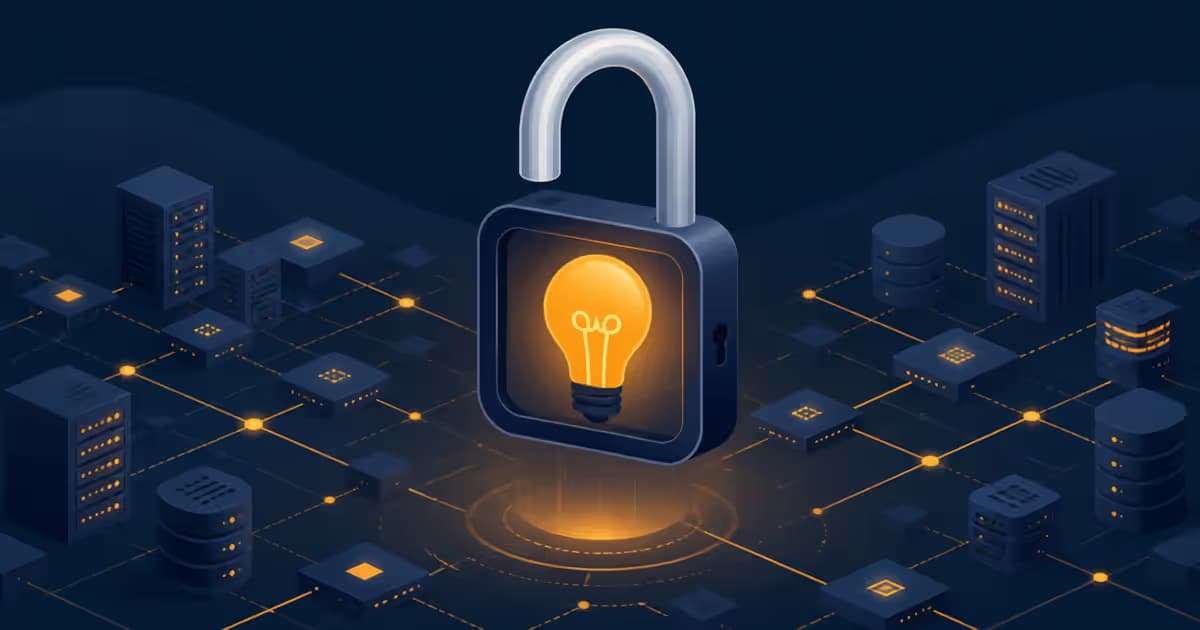 Illustration de verrou numérique avec une lampe jaune représentant Sylius flottant au-dessus d'un fond de serveurs interconnectés symbolisant l'écosystème PrestaShop.