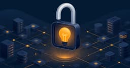 Illustration de verrou numérique avec une lampe jaune représentant Sylius flottant au-dessus d'un fond de serveurs interconnectés symbolisant l'écosystème PrestaShop.