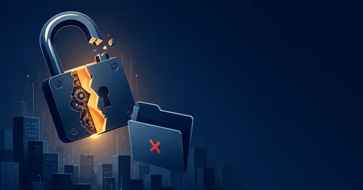 Illustration d'un verrou cassé avec lumière amber s'échappant, dans un paysage urbain navy bleu abstrait, signifiant la corruption du cache Symfony et l'accessibilité bloquée au back-office PrestaShop.
