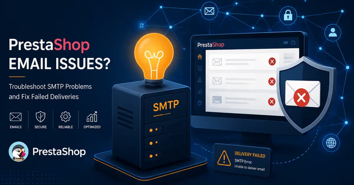 Illustration du problème d'envoi d'e-mails dans PrestaShop via SMTP avec un serveur éclairé par une ampoule amber et des lignes bleues représentant les connexions réseau.