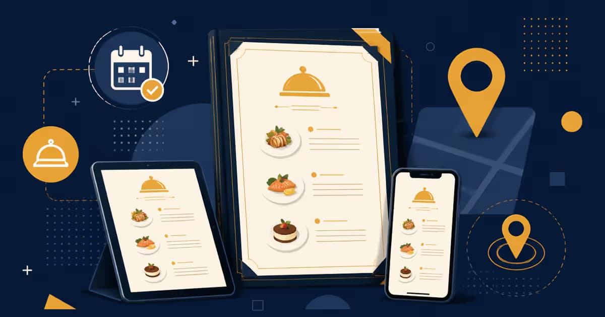 Illustration de menu en ligne pour restaurant avec tablettes et pins sur carte Google