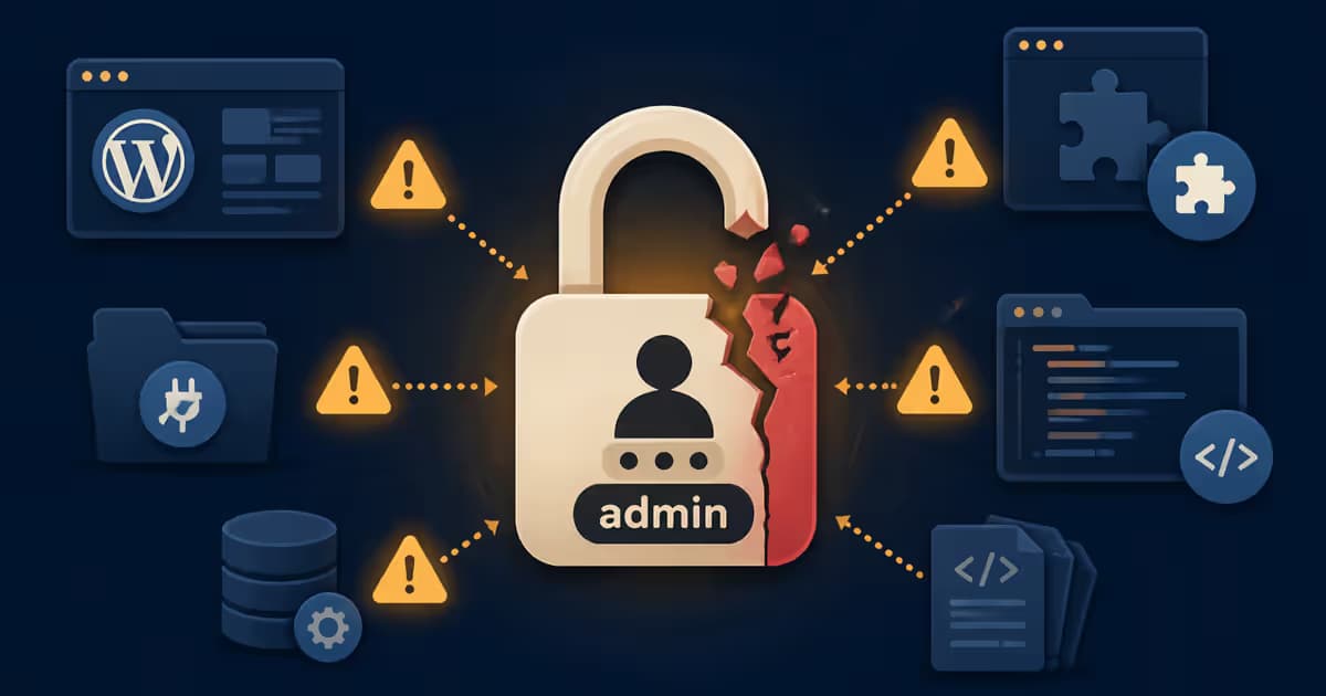 Illustration de sécurité WordPress avec un verrou brisé et des triangles d'avertissement en amber.