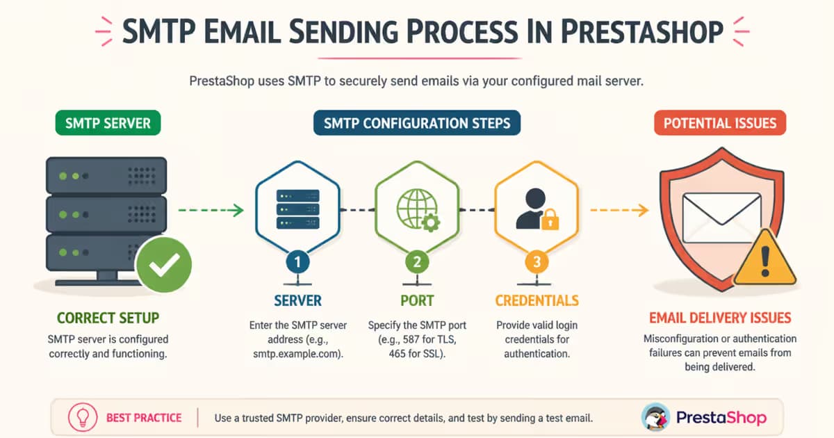 Infographie montrant le processus d'envoi d'e-mails en utilisant SMTP dans PrestaShop, avec des icônes de serveur, port et identifiants.