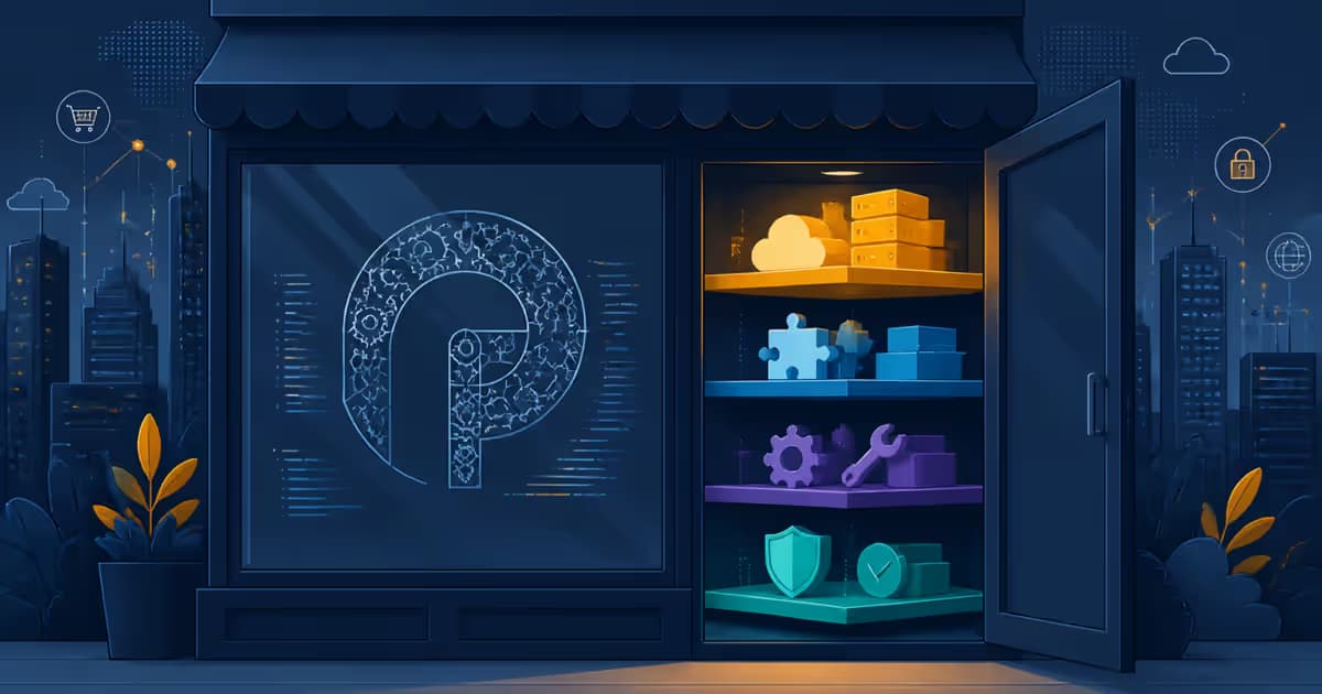 Vue d'un magasin virtuel avec le logo PrestaShop en forme de mécanisme et de code, dans un paysage urbain Internet.