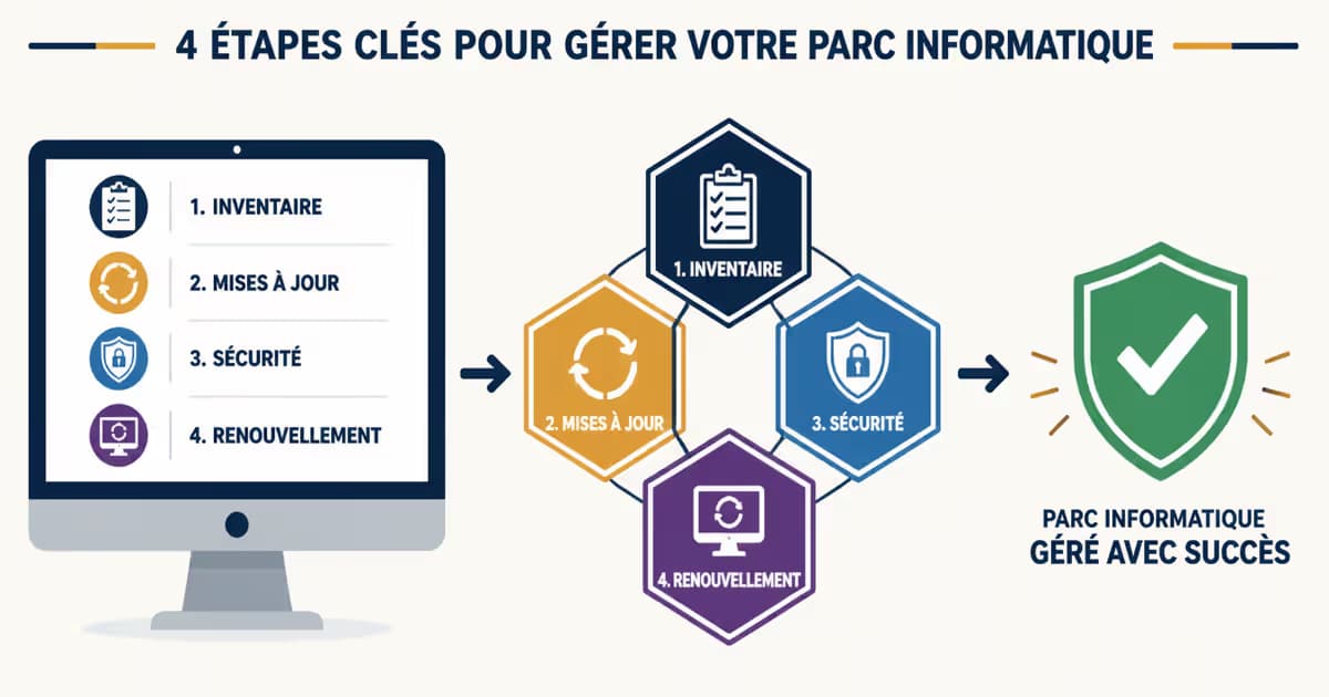 Infographie montrant les quatre étapes clés pour gérer un parc informatique : inventaire, mises à jour, sécurité et renouvellement.