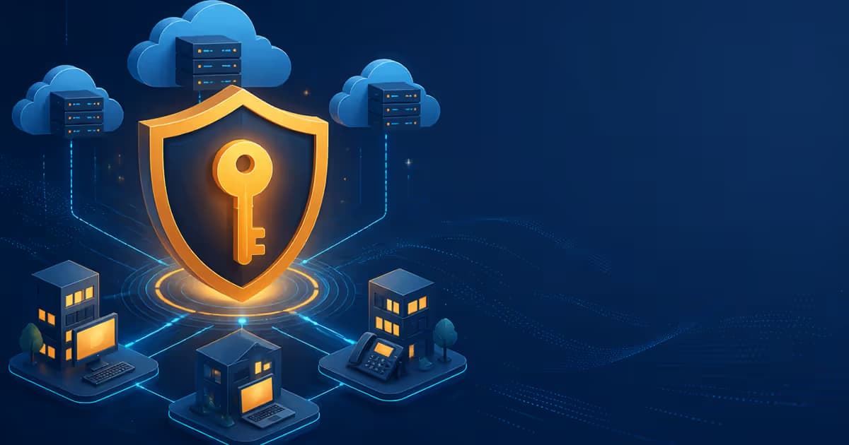 Illustration d'un bouclier avec une clé protégeant des serveurs numériques, symbole de sécurité pour l'administration Microsoft 365.