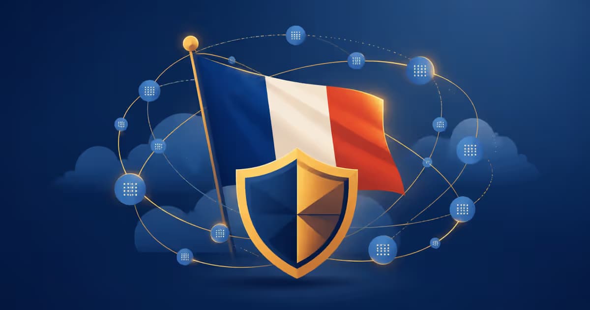 French flag protecting digital data packets in a modern cybersecurity illustration