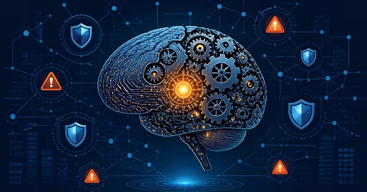 Illustration d'audit de maturité IA avec un cerveau stylisé en AI exposé, éclairé par des lumières amber sur un fond bleu navy, symboles de sécurité des données autour.