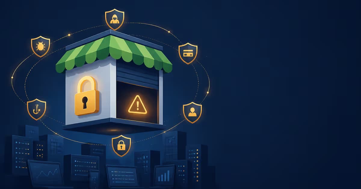 Illustration de la plateforme Shopify avec un magasin protégé par une serrure dorée partiellement ouverte révélant un signe d'avertissement, flottant sur un paysage urbain numérique en bleu marine.
