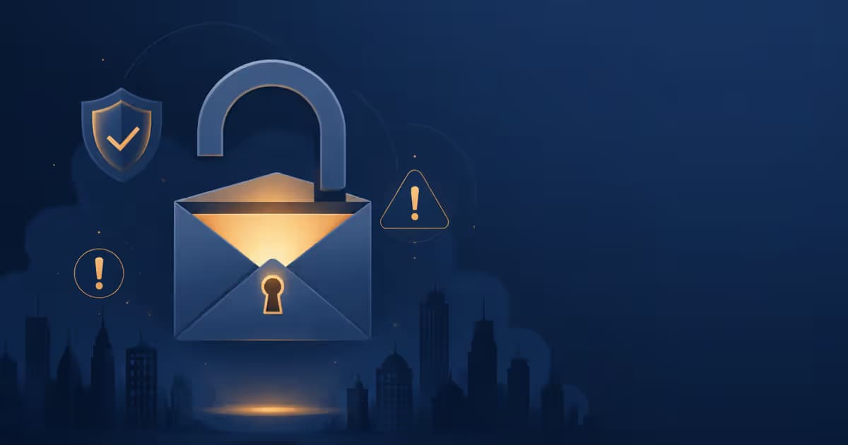 Illustration de la vérification des emails professionnels pour spam avec un sceau et une enveloppe dans le design d'un verrou ouvert, flottant sur un paysage urbain en bleu marine abstrait.