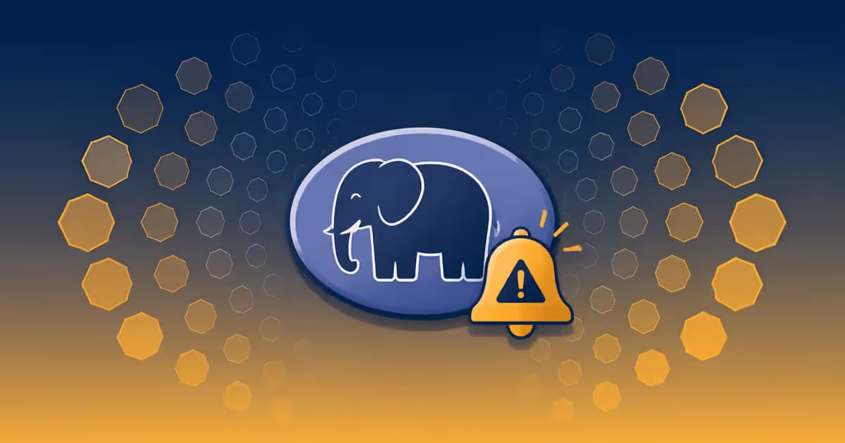 Illustration de PHP avec un cloche d'avertissement en amber au centre, entouré de formes de mémoire qui s'élargissent du bleu nuit vers l'amber.