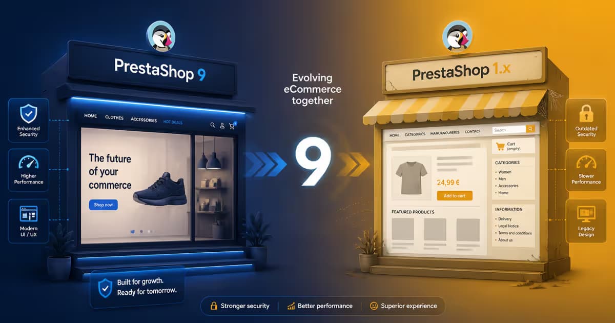 Illustration comparant PrestaShop 8 et 9 en termes de modernité et compatibilité