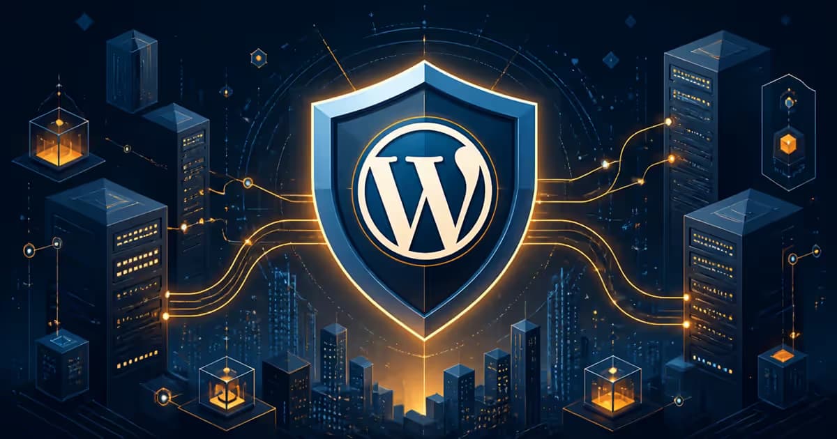 Illustration d'un logo WordPress formé de formes géométriques protégées par des serveurs lumineux, créant une sensation de sécurité et de modernité.