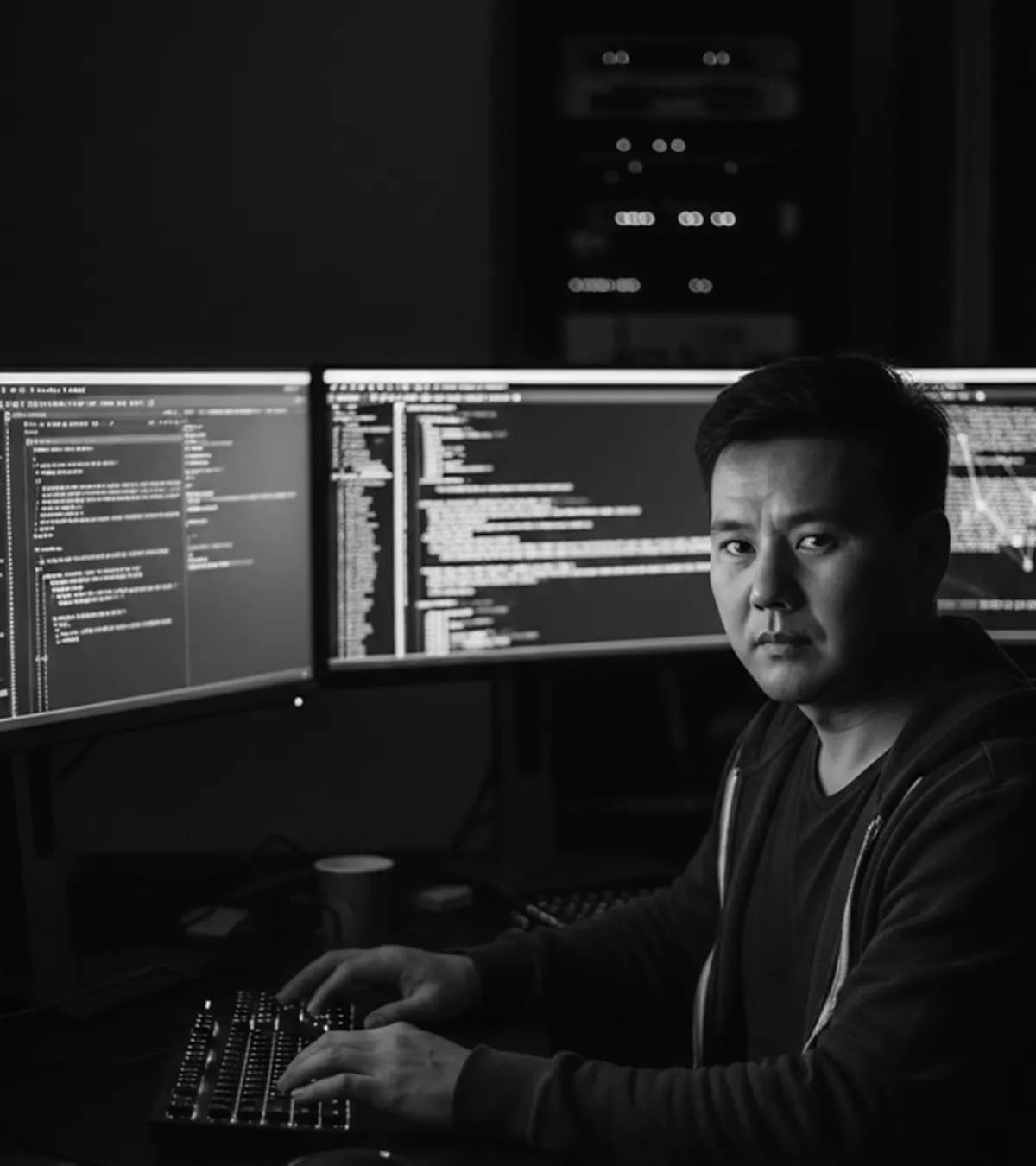Homme travaillant devant plusieurs écrans de code