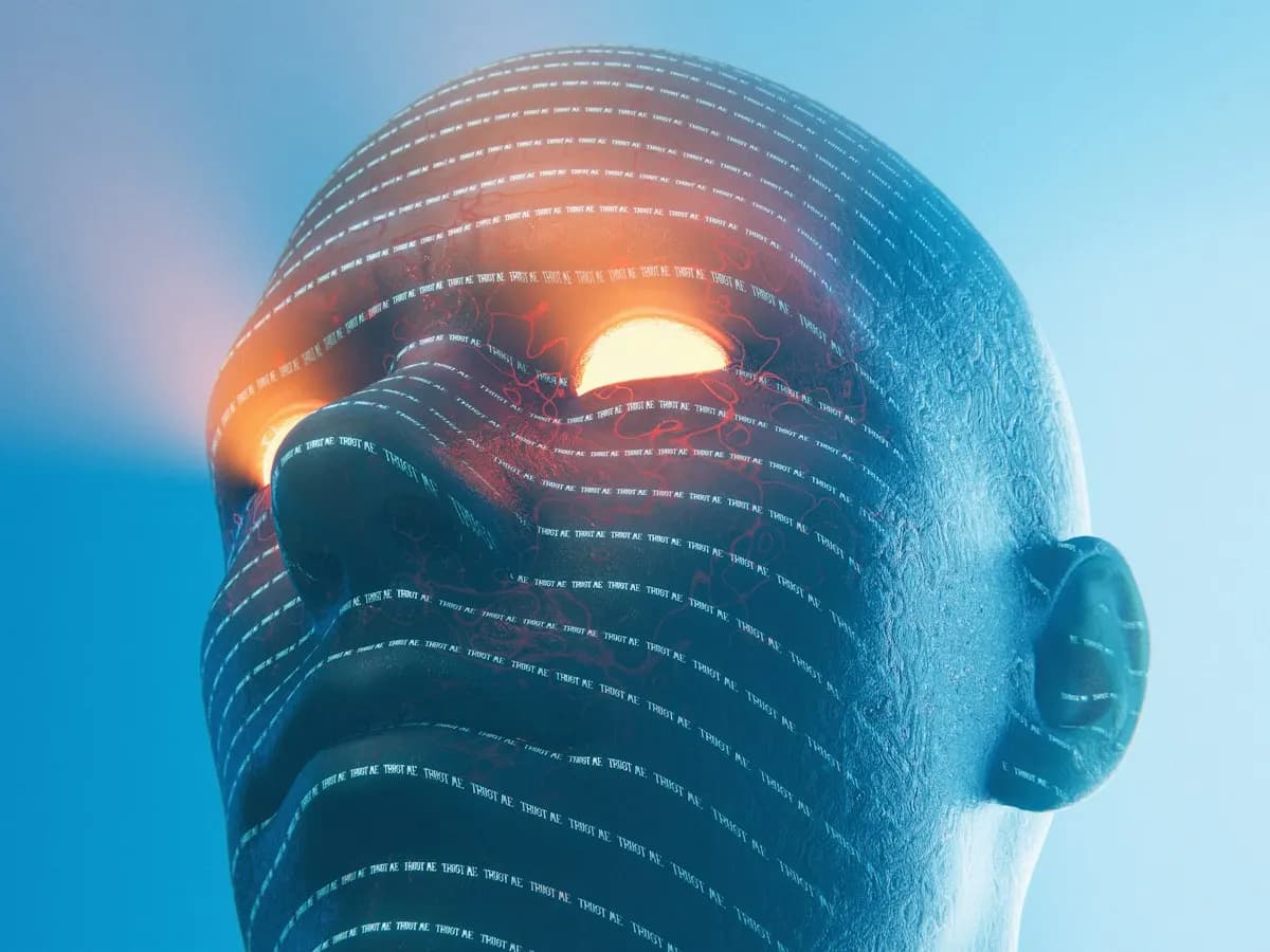 Visage parcouru de lignes lumineuses, illustration de l'intelligence artificielle
